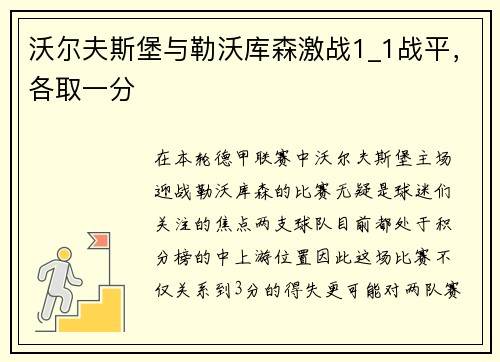沃尔夫斯堡与勒沃库森激战1_1战平，各取一分