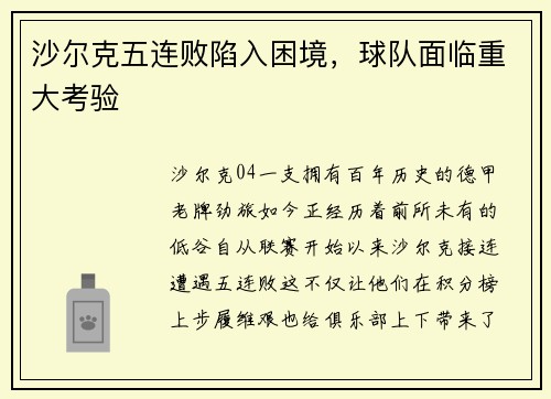 沙尔克五连败陷入困境，球队面临重大考验